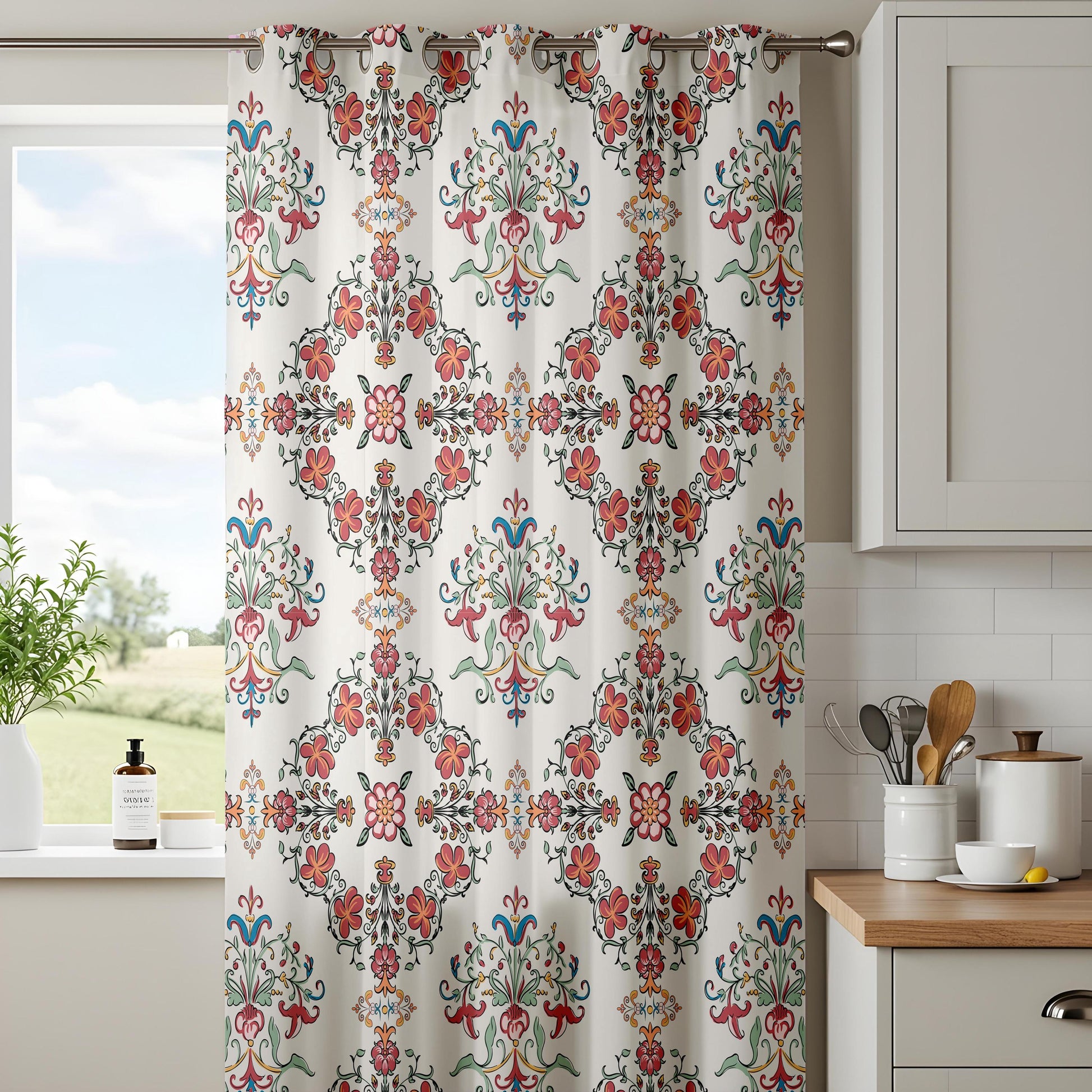 Onay Red Blue Ikat Curtains – Floral Damask Boho Window Drapes