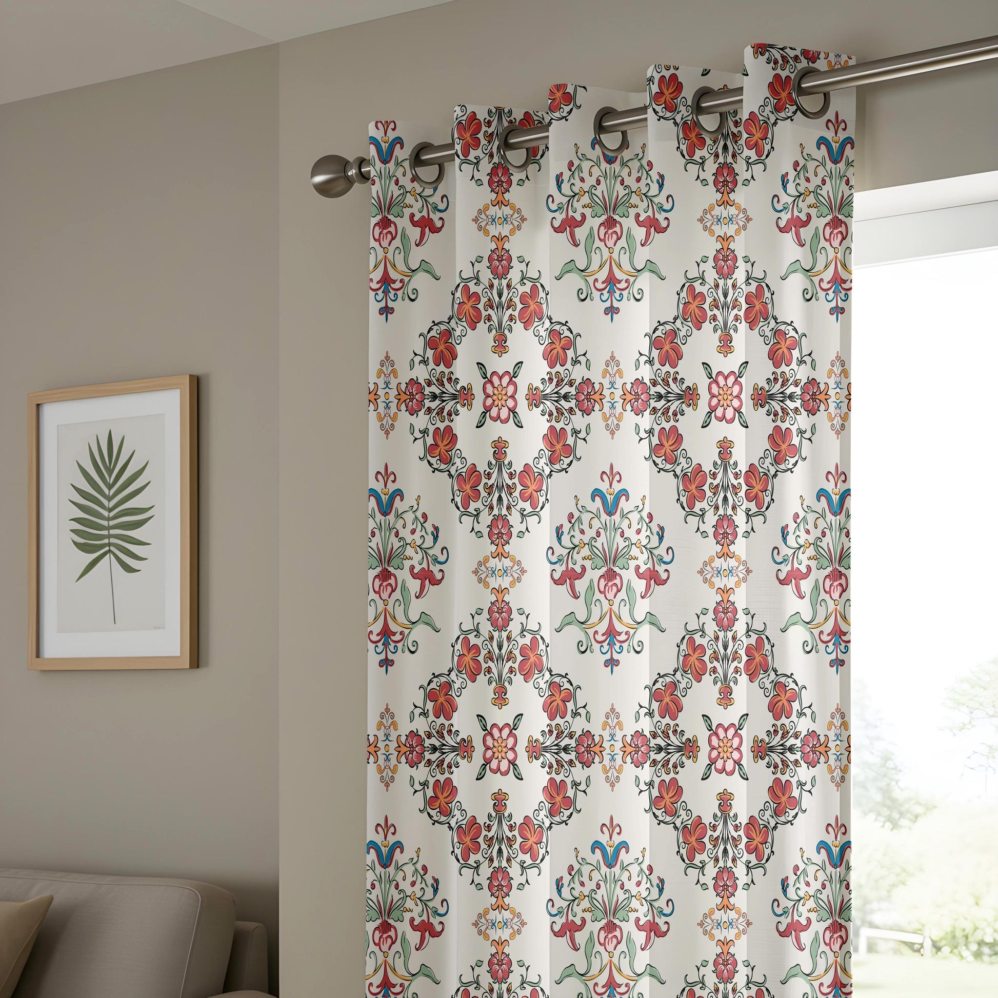 Onay Red Blue Ikat Curtains – Floral Damask Boho Window Drapes