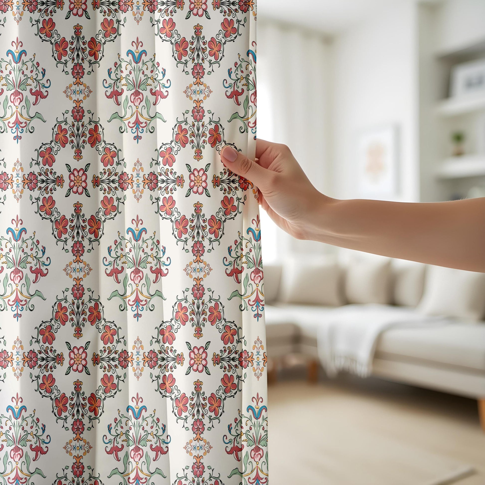 Onay Red Blue Ikat Curtains – Floral Damask Boho Window Drapes