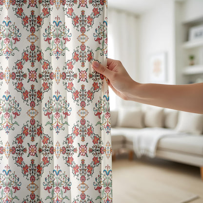 Onay Red Blue Ikat Curtains – Floral Damask Boho Window Drapes