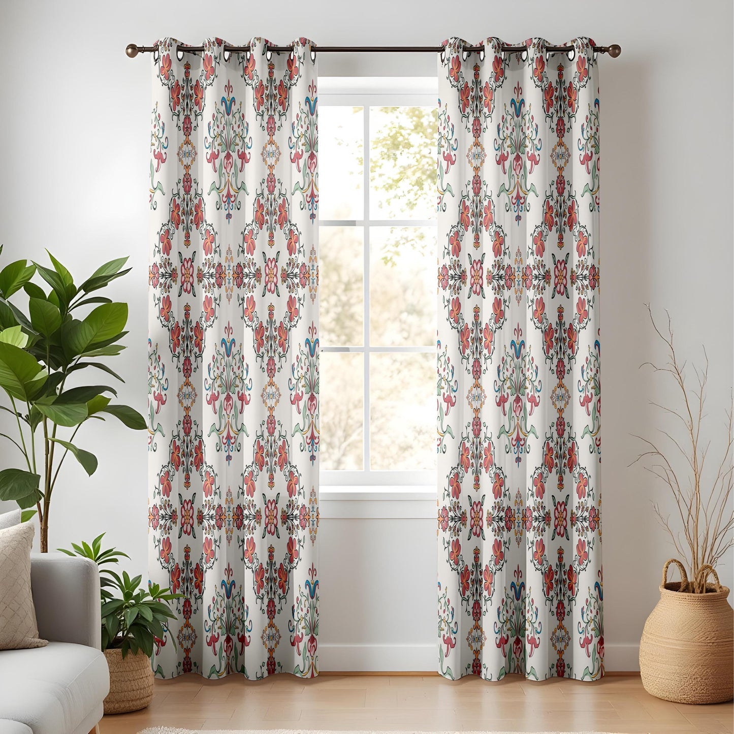 Onay Red Blue Ikat Curtains – Floral Damask Boho Window Drapes