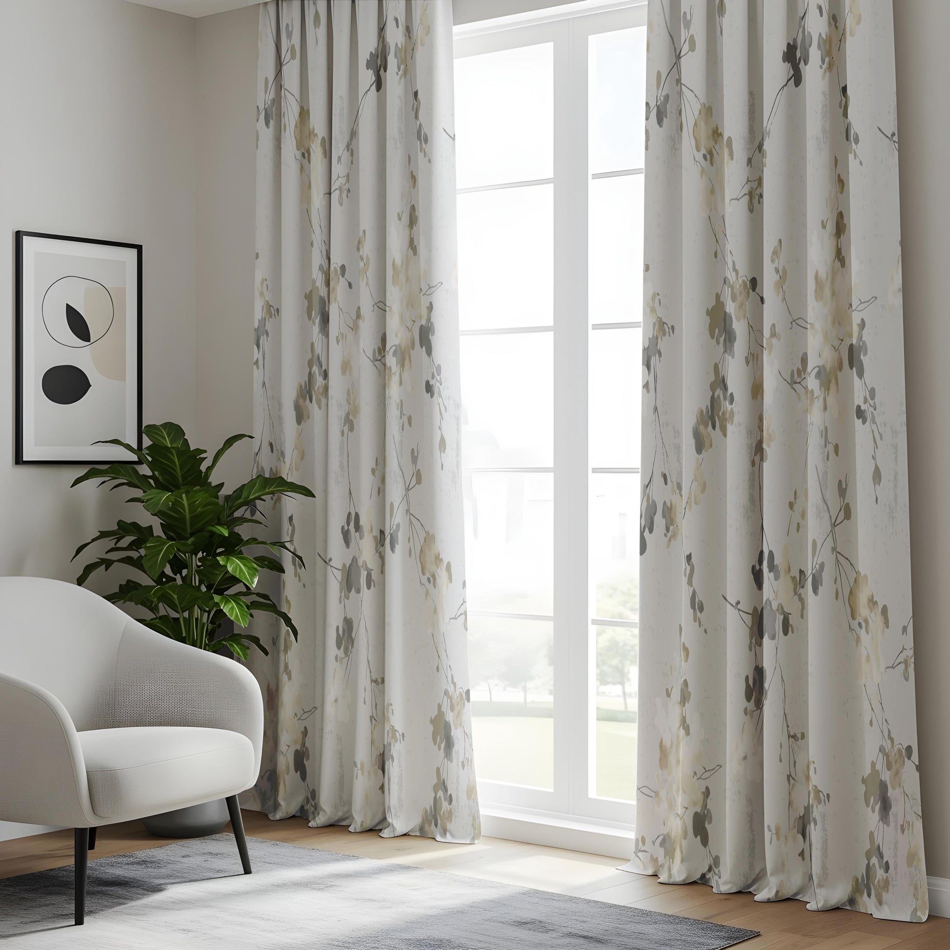 Onay Grey Yellow Floral Curtains – Watercolour Botanical Window Drapes