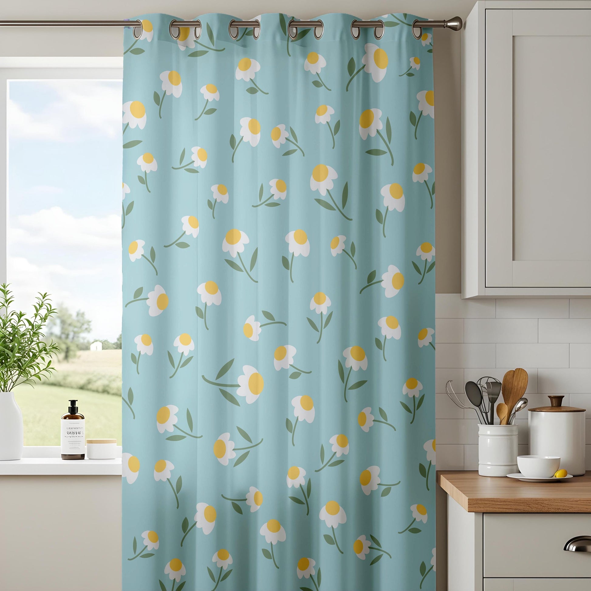 Onay Duck Egg Blue Daisy Curtains – Floral Nursery Kids Room Drapes