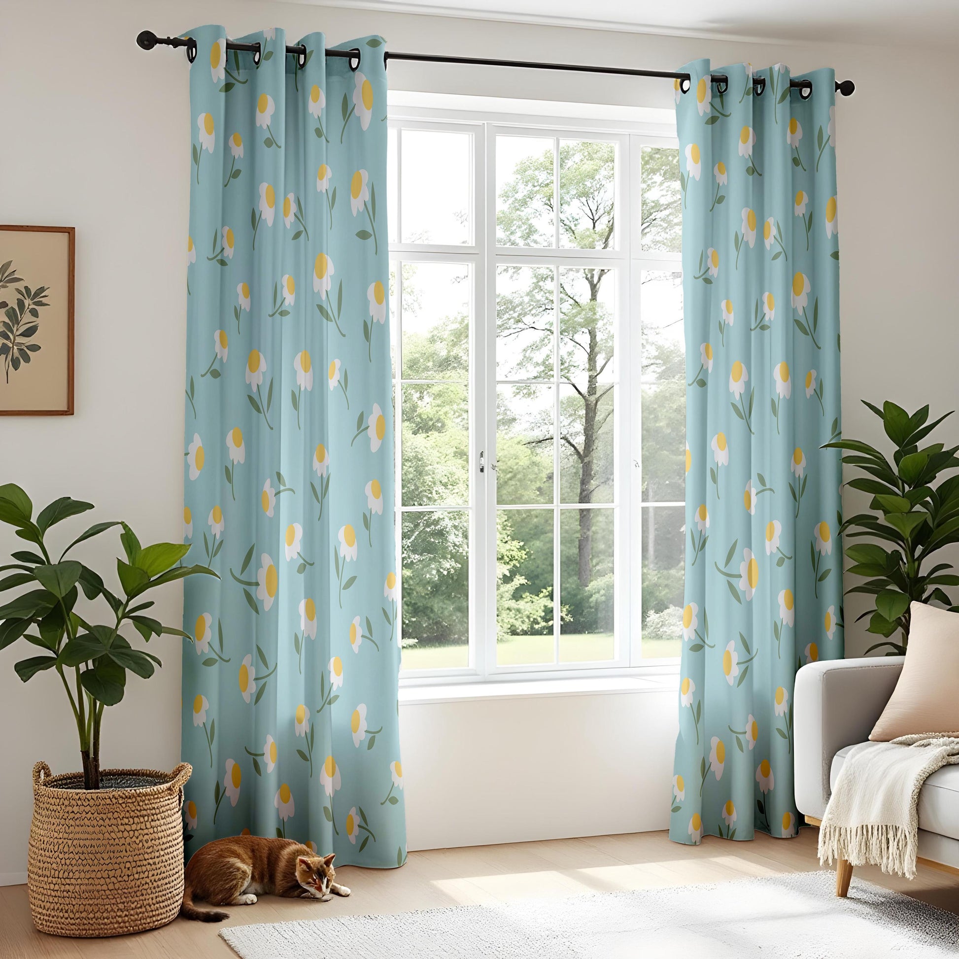 Onay Duck Egg Blue Daisy Curtains – Floral Nursery Kids Room Drapes
