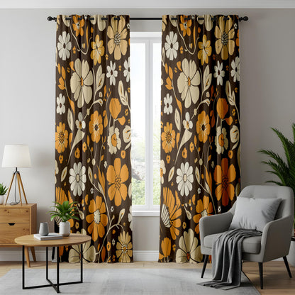 Onay Brown Retro Floral Curtains – Orange Amber Bold Window Drapes