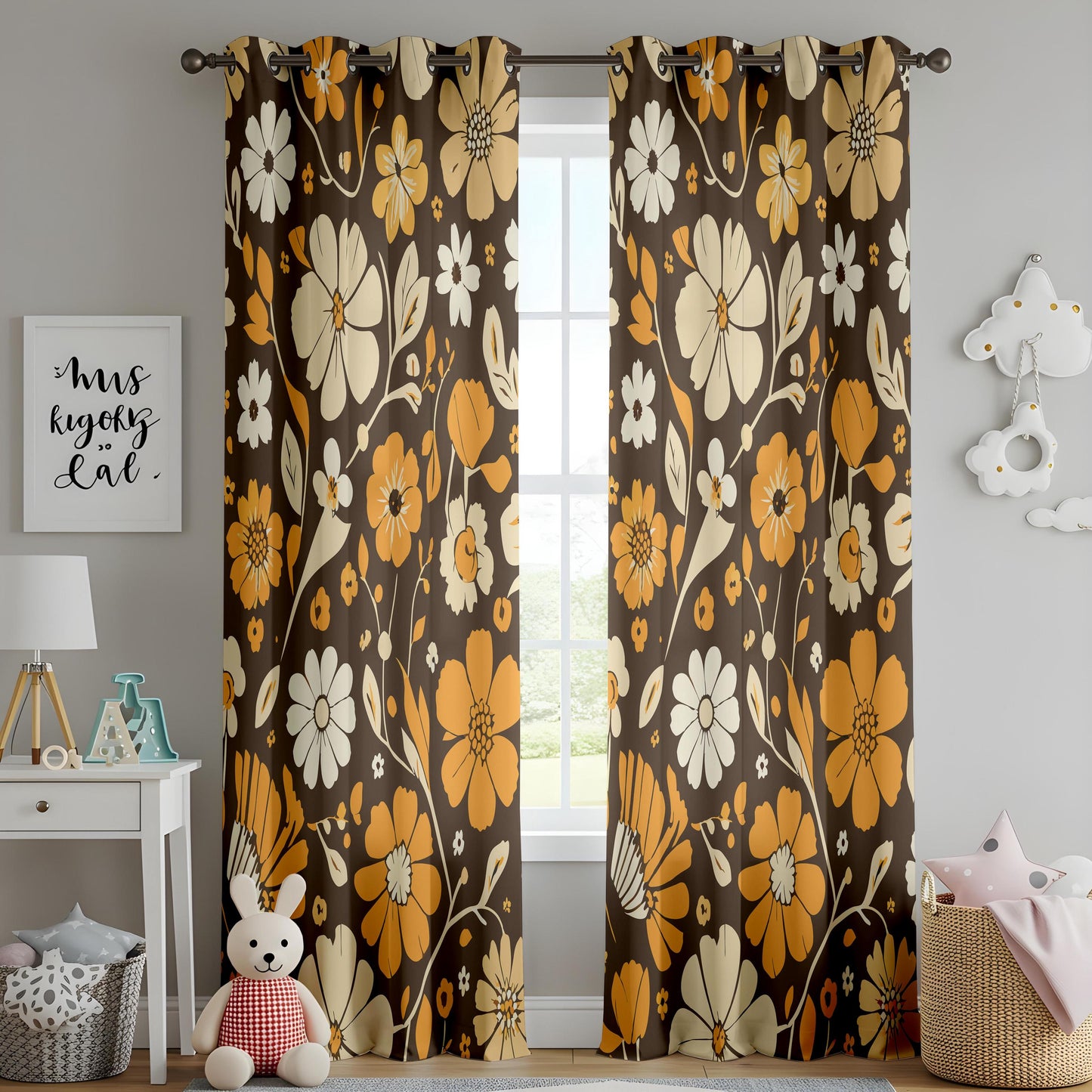 Onay Brown Retro Floral Curtains – Orange Amber Bold Window Drapes