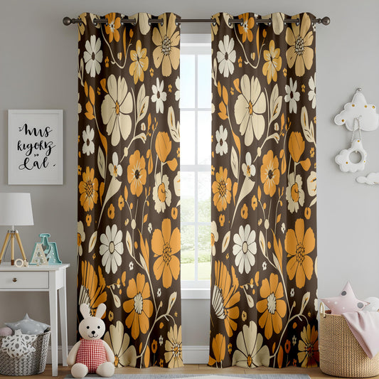 Onay Brown Retro Floral Curtains – Orange Amber Bold Window Drapes
