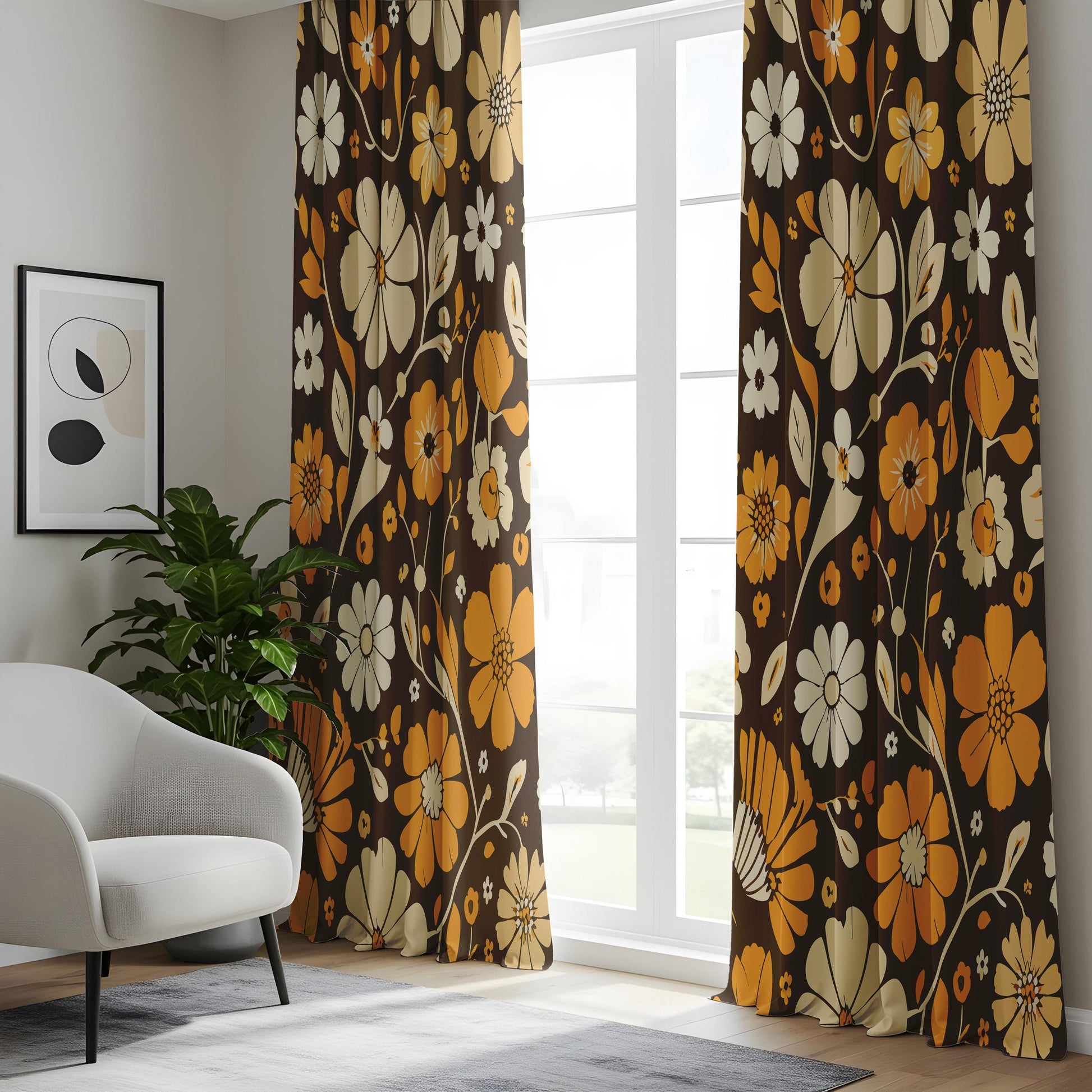 Onay Brown Retro Floral Curtains – Orange Amber Bold Window Drapes