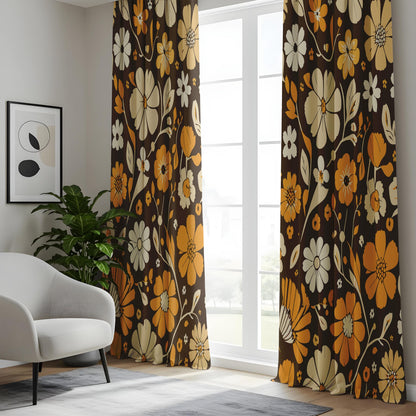Onay Brown Retro Floral Curtains – Orange Amber Bold Window Drapes