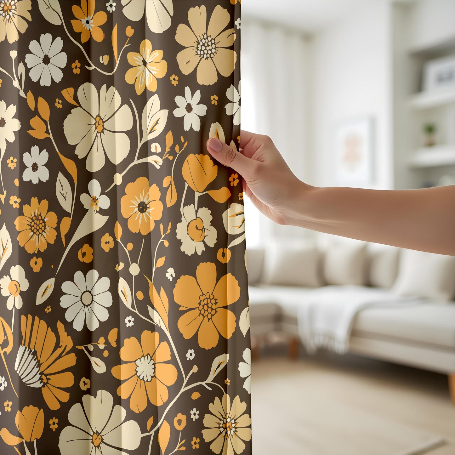 Onay Brown Retro Floral Curtains – Orange Amber Bold Window Drapes