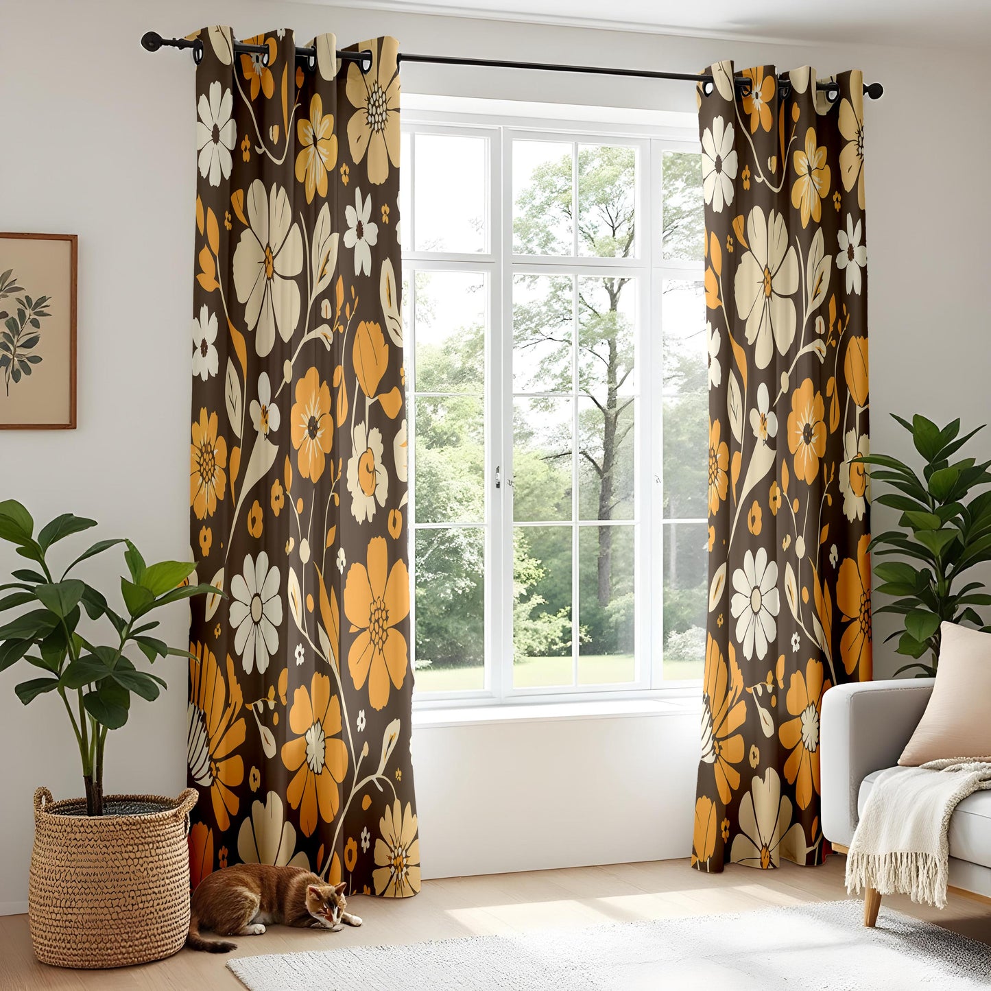 Onay Brown Retro Floral Curtains – Orange Amber Bold Window Drapes
