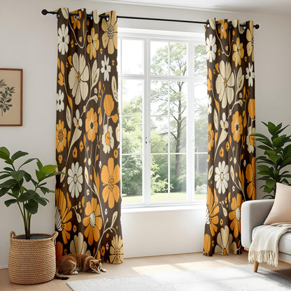 Onay Brown Retro Floral Curtains – Orange Amber Bold Window Drapes