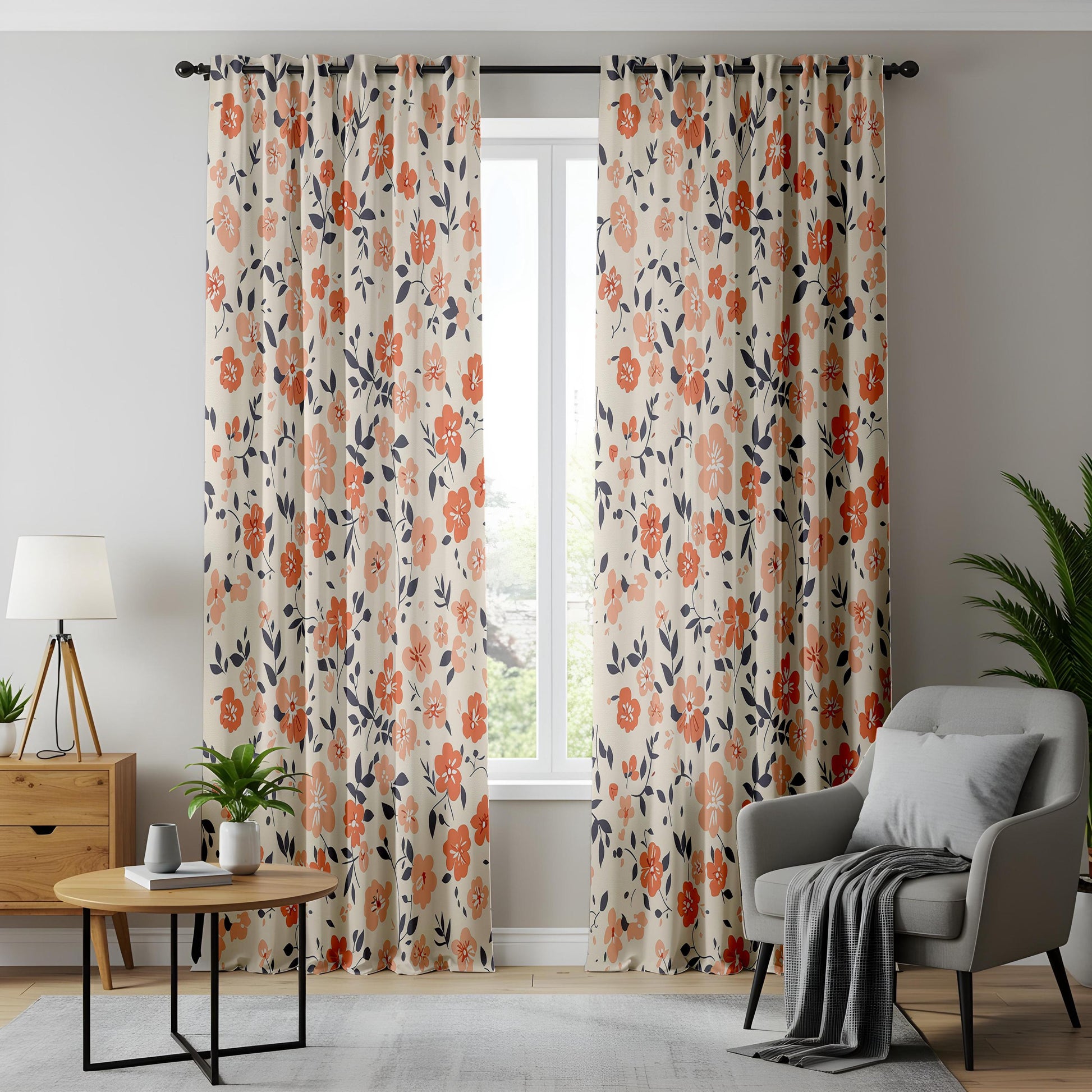 Onay Orange Poppy Curtains – Coral Floral Navy Leaf Window Drapes