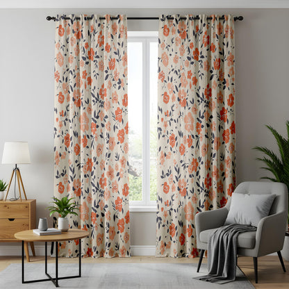 Onay Orange Poppy Curtains – Coral Floral Navy Leaf Window Drapes