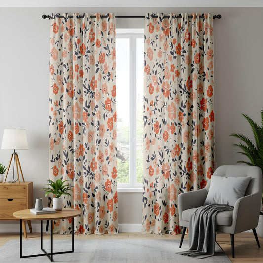 Onay Orange Poppy Curtains – Coral Floral Navy Leaf Window Drapes