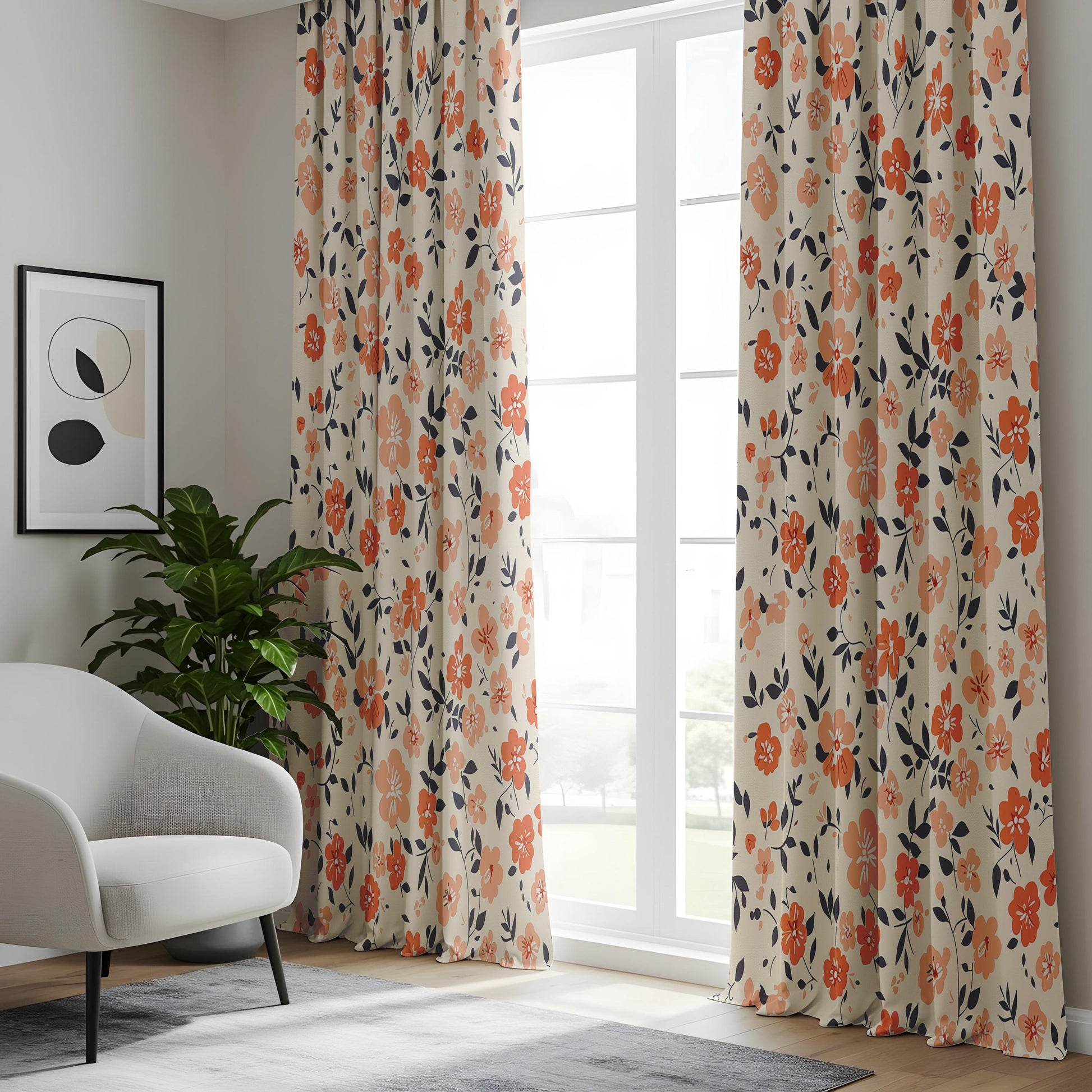 Onay Orange Poppy Curtains – Coral Floral Navy Leaf Window Drapes