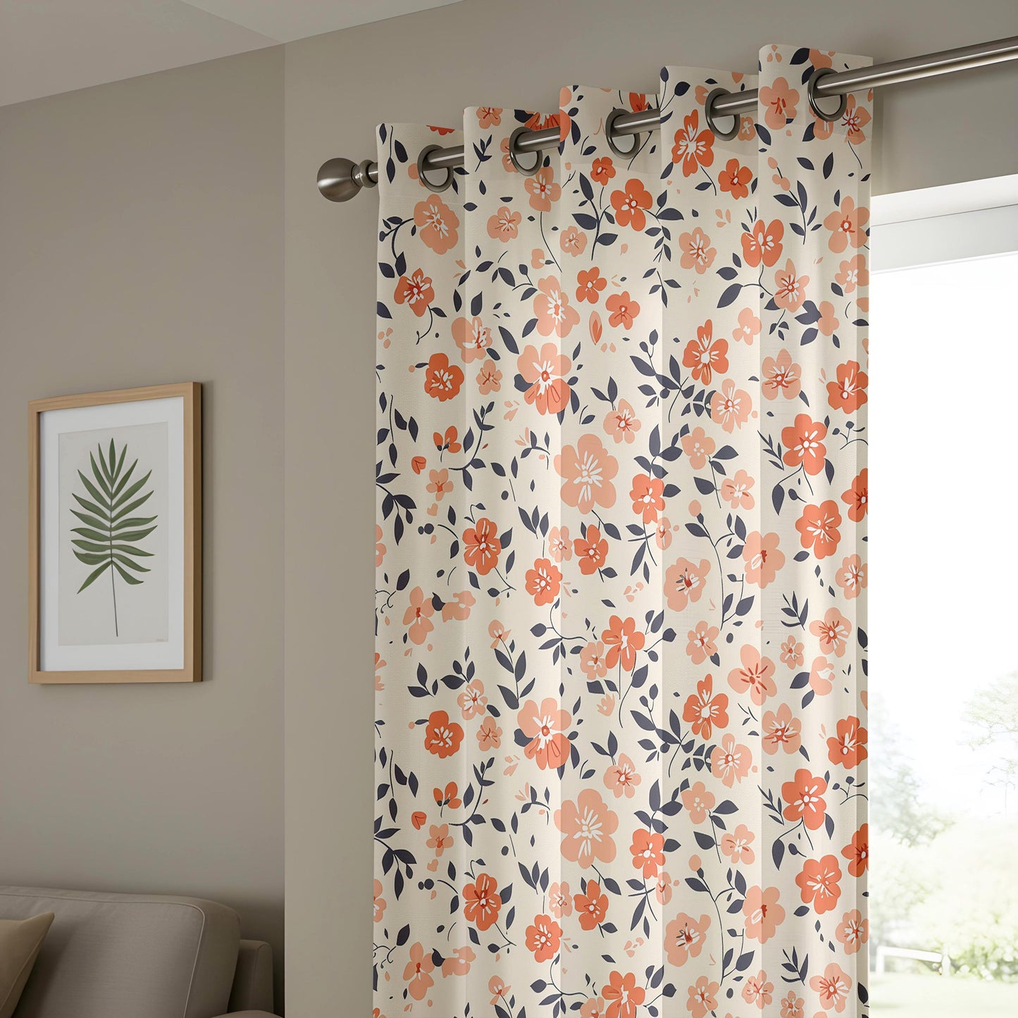 Onay Orange Poppy Curtains – Coral Floral Navy Leaf Window Drapes