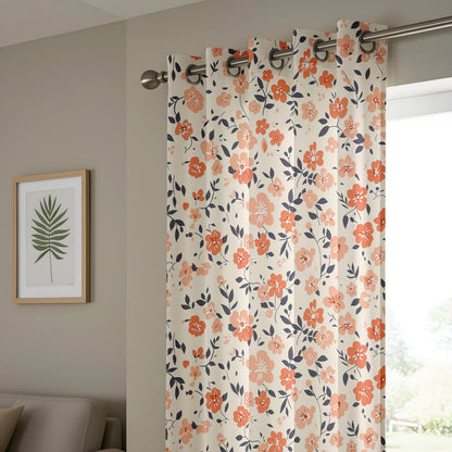 Onay Orange Poppy Curtains – Coral Floral Navy Leaf Window Drapes