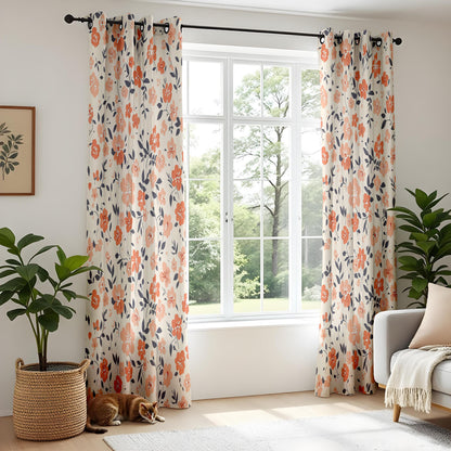 Onay Orange Poppy Curtains – Coral Floral Navy Leaf Window Drapes