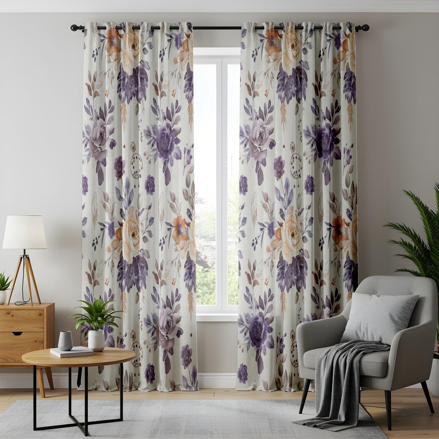 Onay Purple Rose Curtains – Lavender Floral Botanical Window Drapes