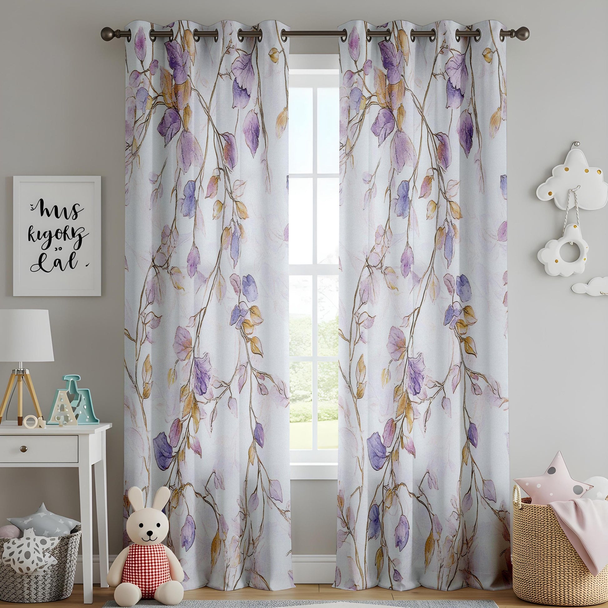 Onay Purple Leaf Curtains – Watercolour Cascading Floral Window Drapes