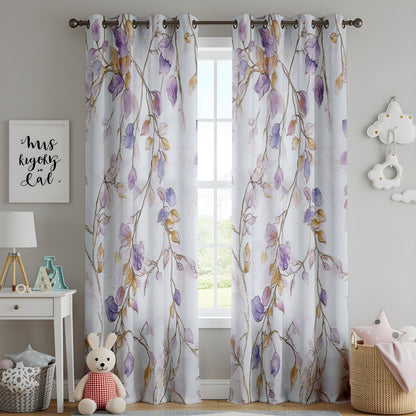 Onay Purple Leaf Curtains – Watercolour Cascading Floral Window Drapes
