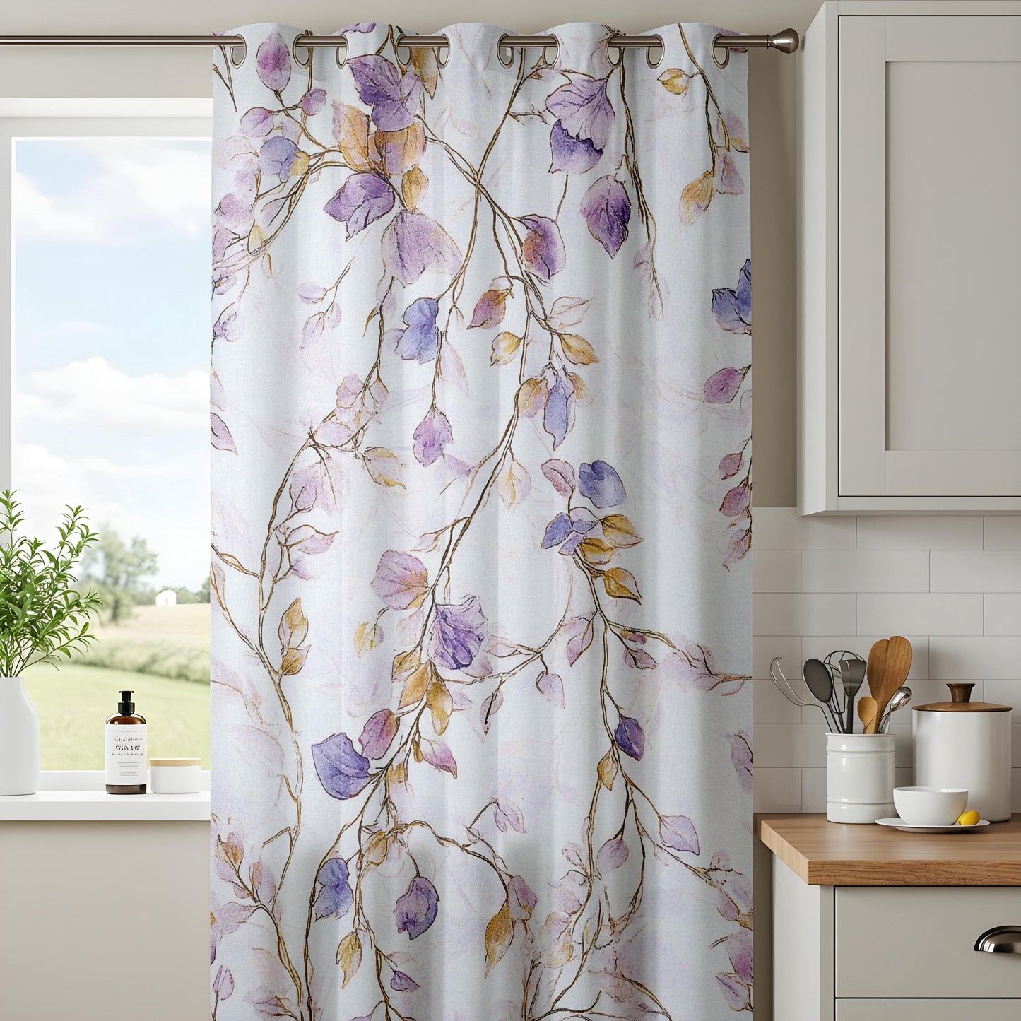 Onay Purple Leaf Curtains – Watercolour Cascading Floral Window Drapes