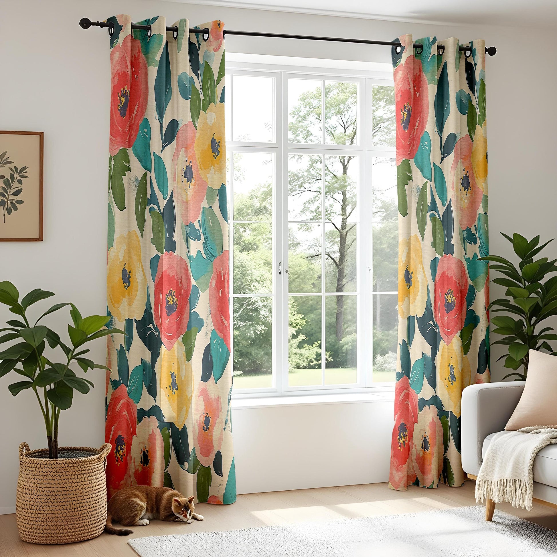 Onay Bold Rose Curtains – Coral Yellow Garden Floral Window Drapes