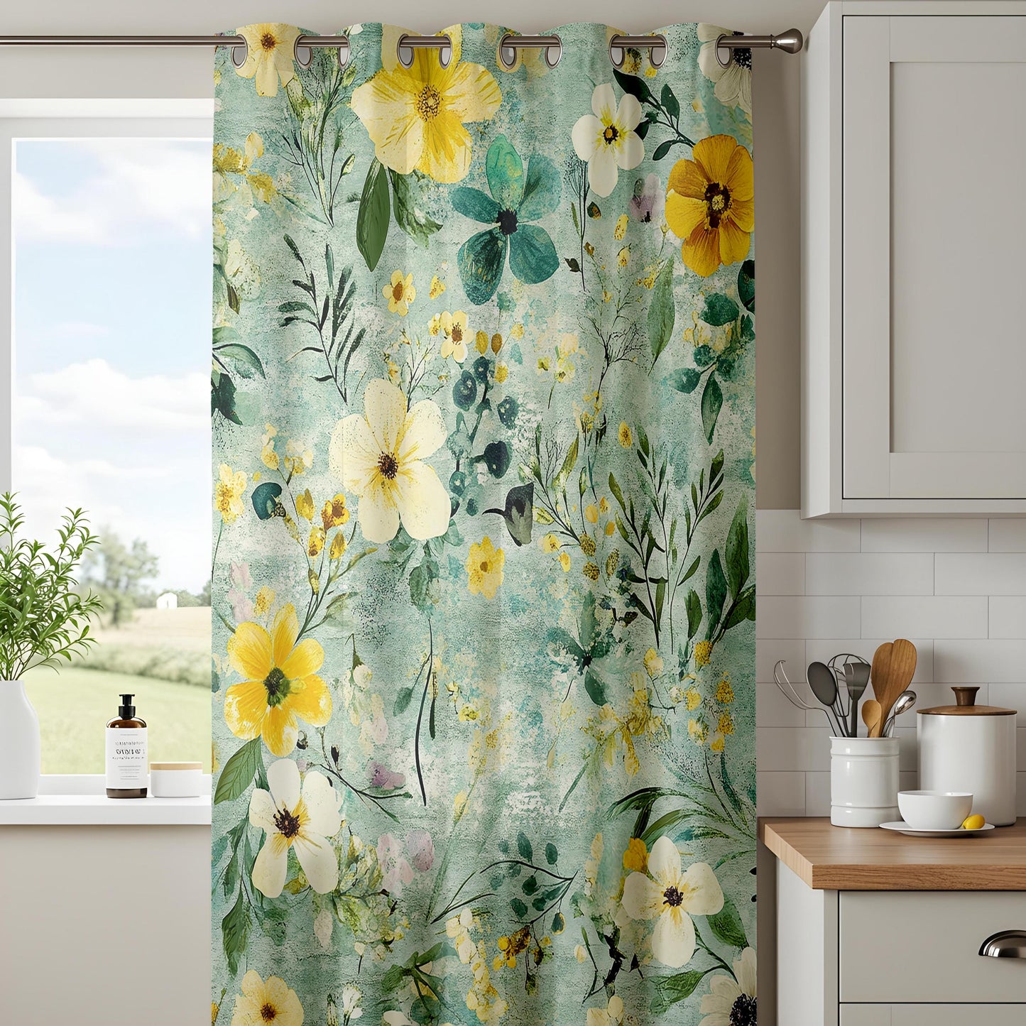 Onay Teal Garden Floral Curtains – Yellow Pansy Botanical Drapes
