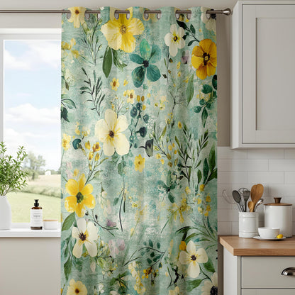 Onay Teal Garden Floral Curtains – Yellow Pansy Botanical Drapes