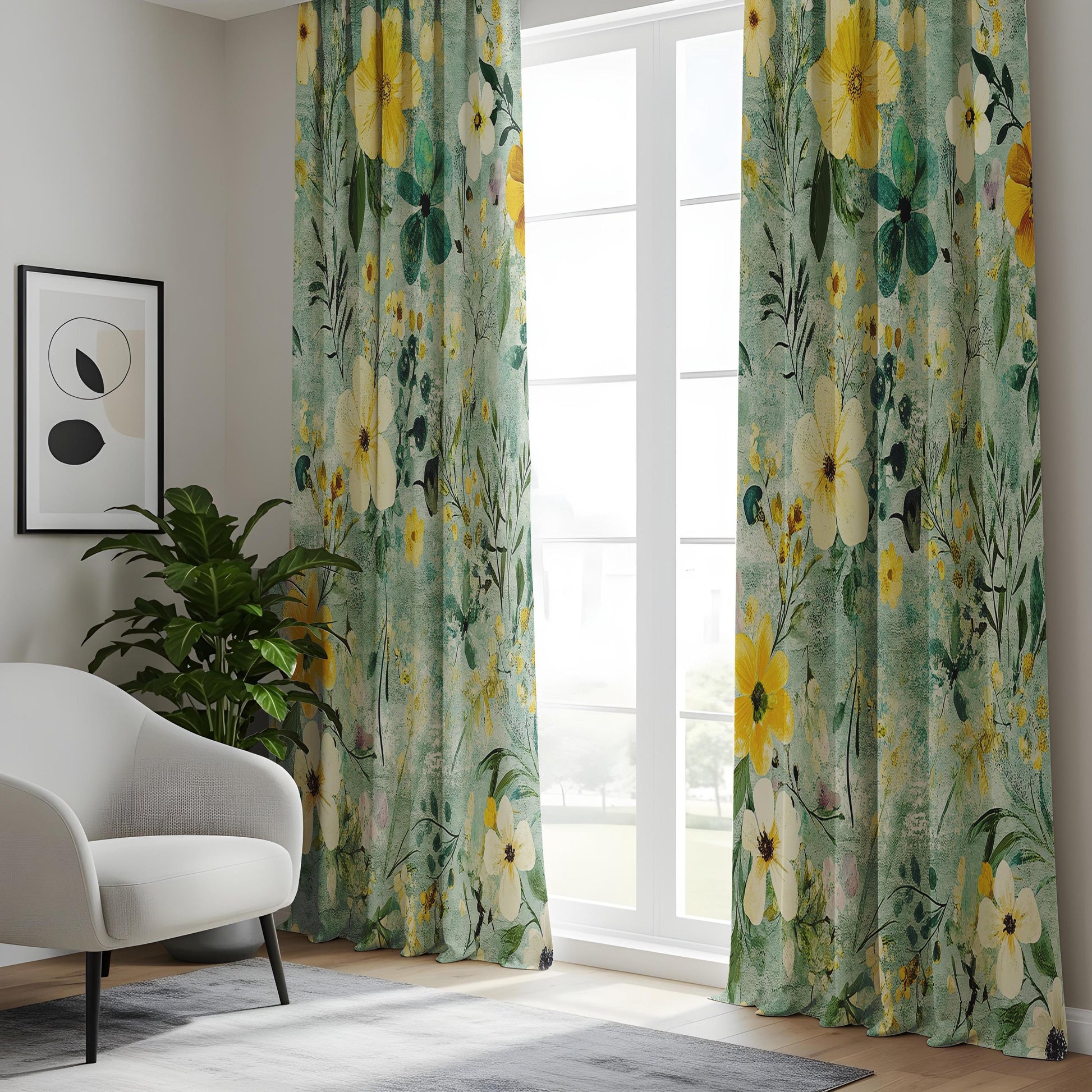 Onay Teal Garden Floral Curtains – Yellow Pansy Botanical Drapes