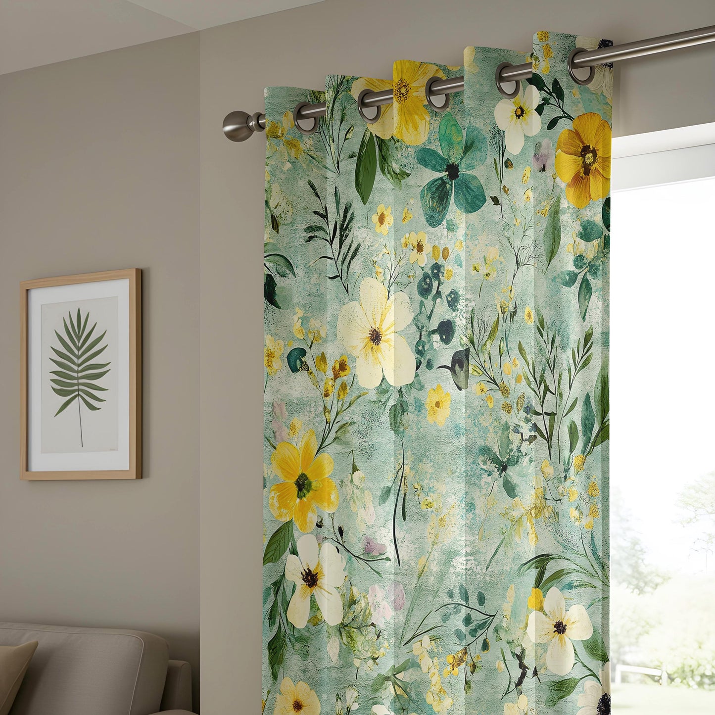 Onay Teal Garden Floral Curtains – Yellow Pansy Botanical Drapes