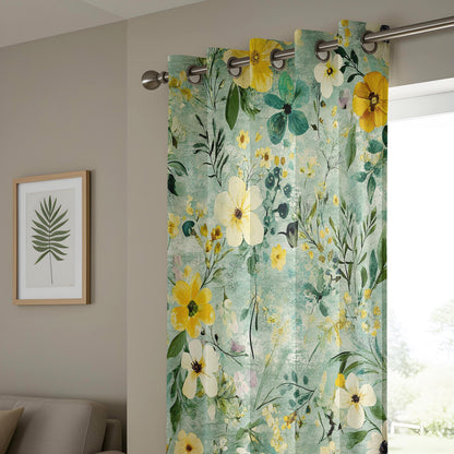 Onay Teal Garden Floral Curtains – Yellow Pansy Botanical Drapes