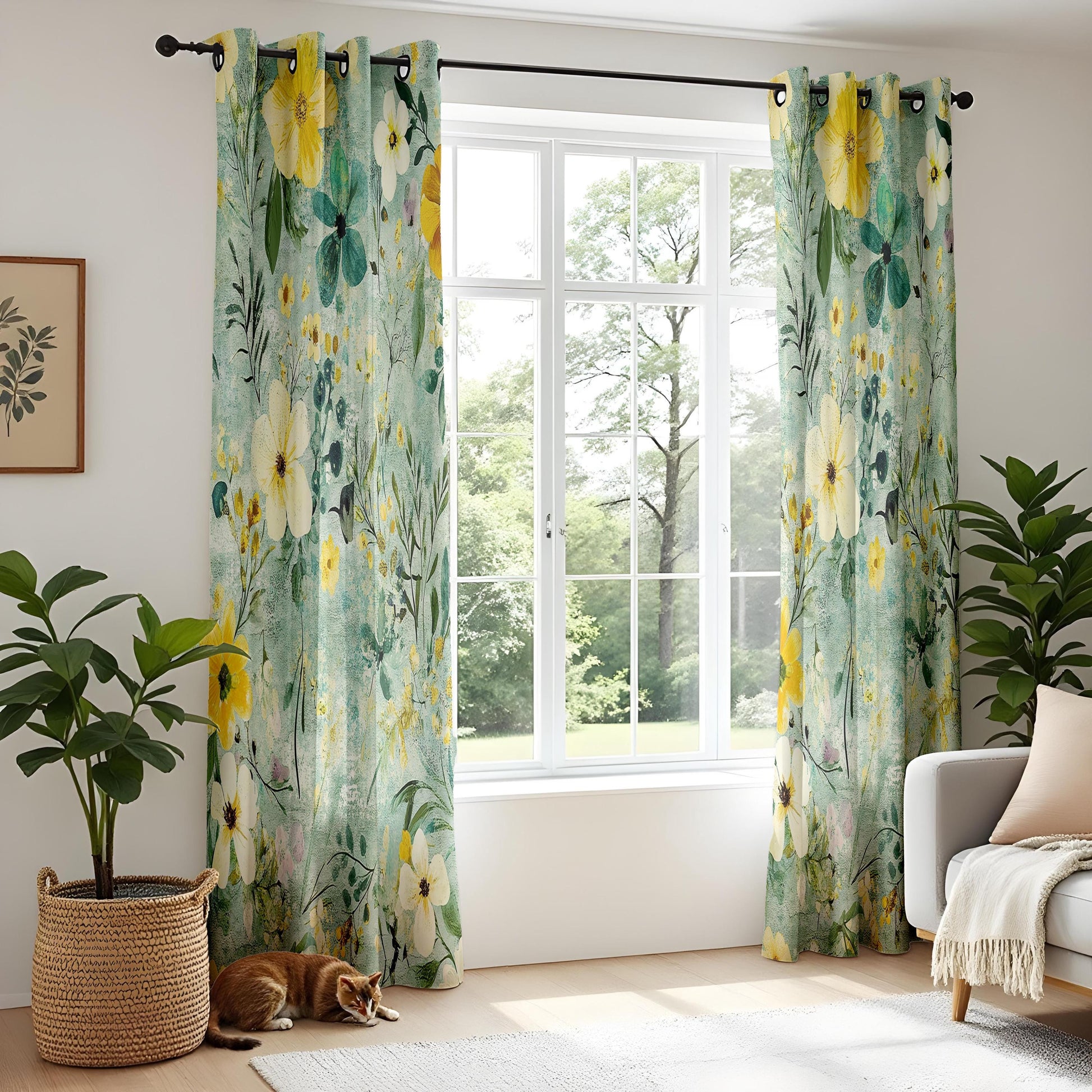 Onay Teal Garden Floral Curtains – Yellow Pansy Botanical Drapes