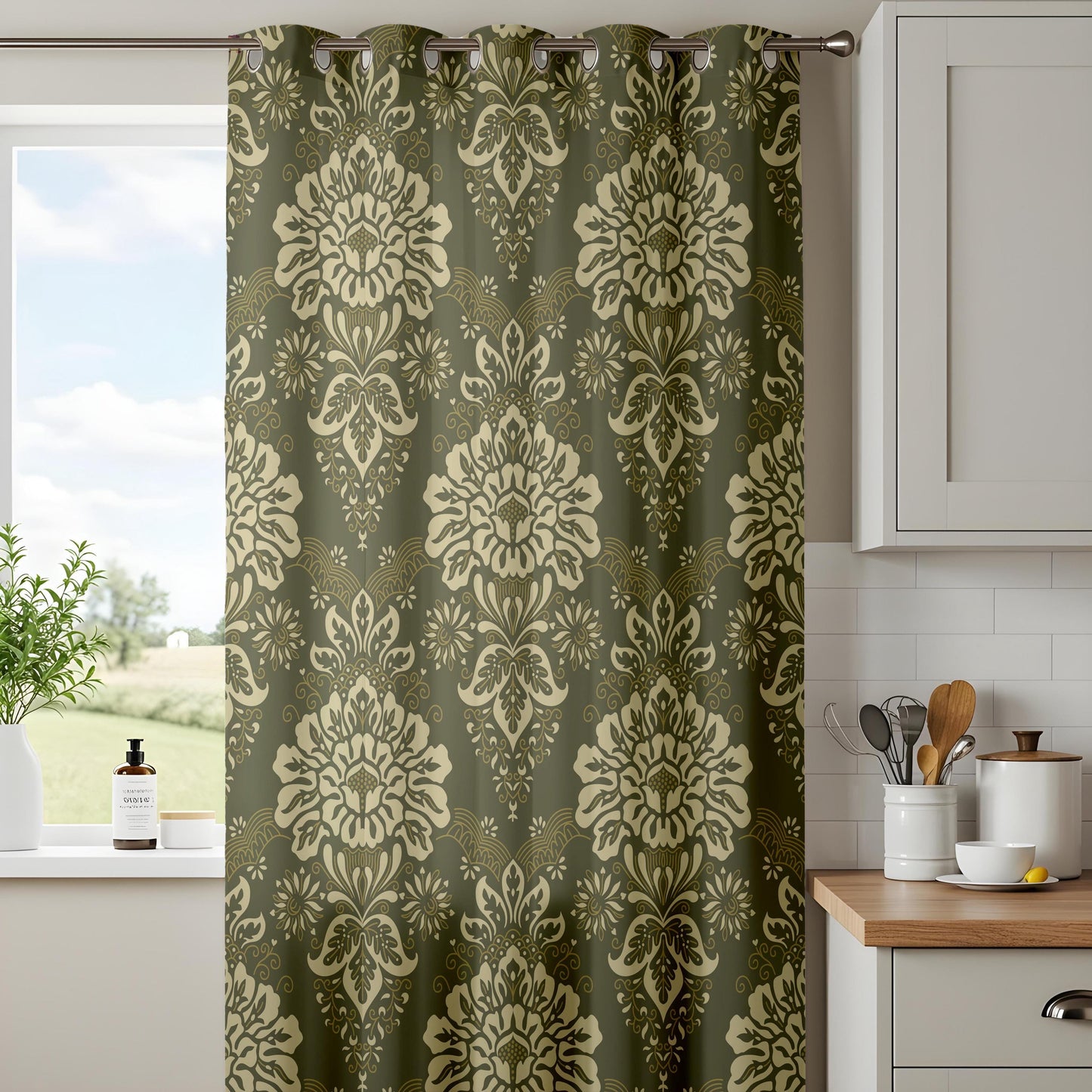 Onay Olive Damask Curtains – Classic Baroque Pattern Window Drapes