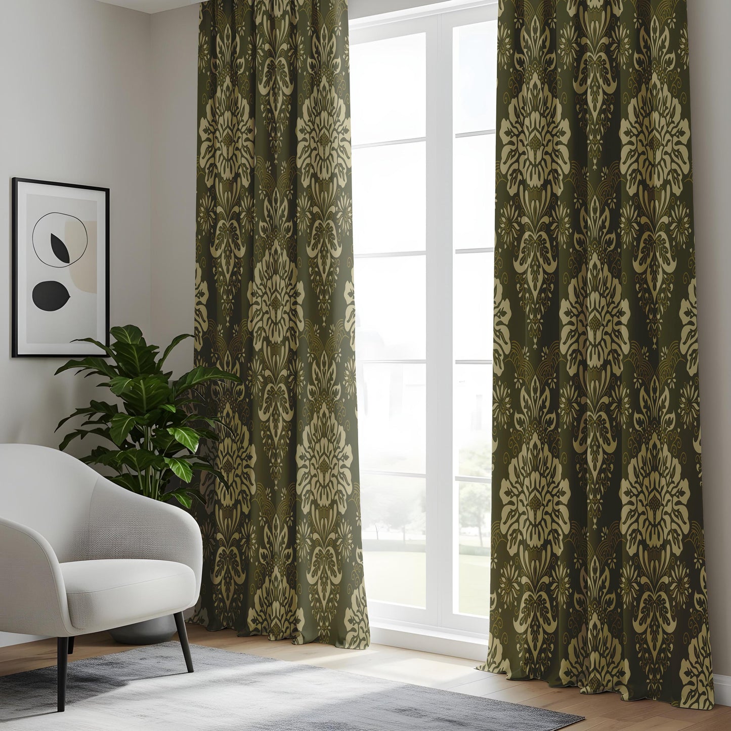 Onay Olive Damask Curtains – Classic Baroque Pattern Window Drapes