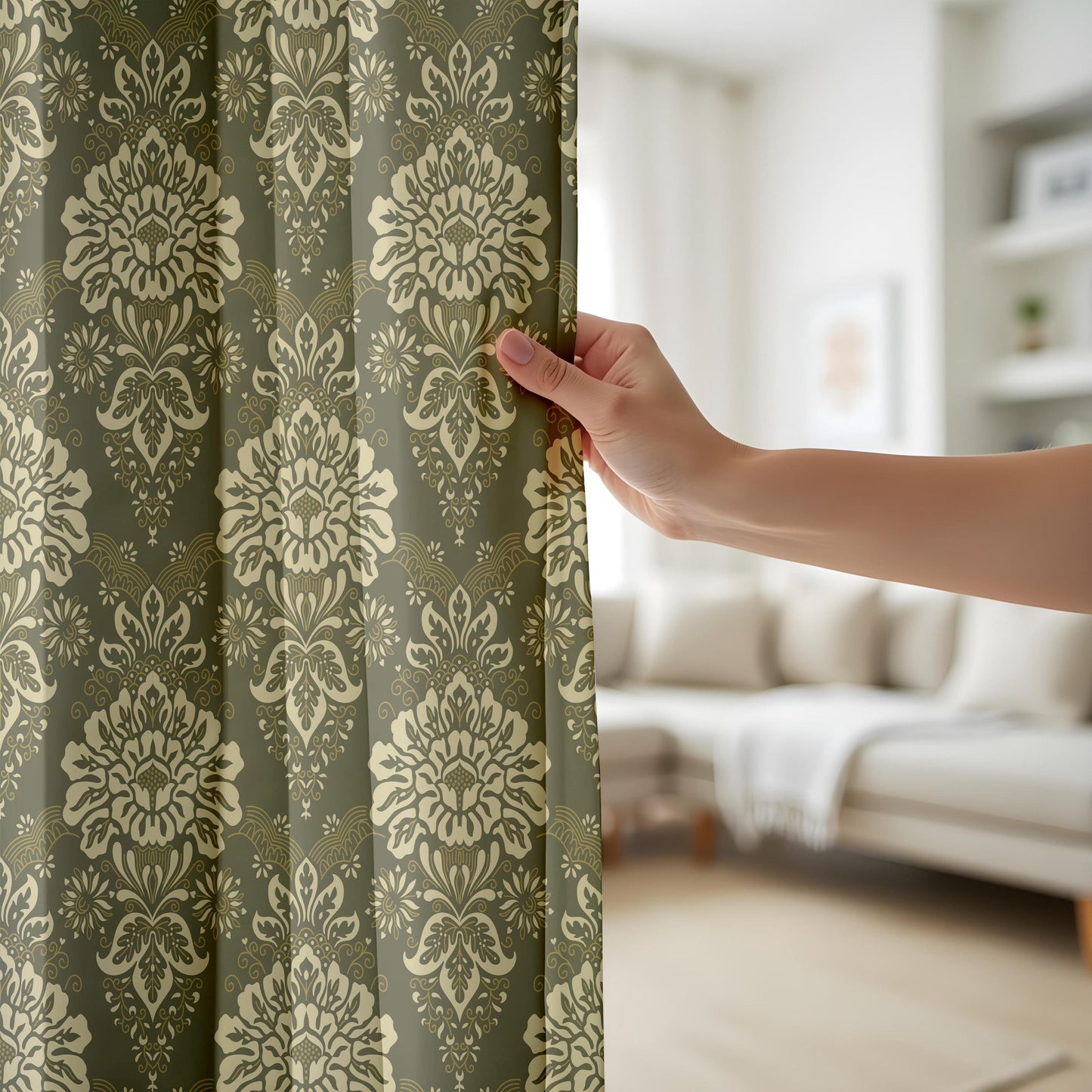 Onay Olive Damask Curtains – Classic Baroque Pattern Window Drapes