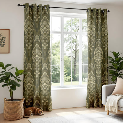 Onay Olive Damask Curtains – Classic Baroque Pattern Window Drapes
