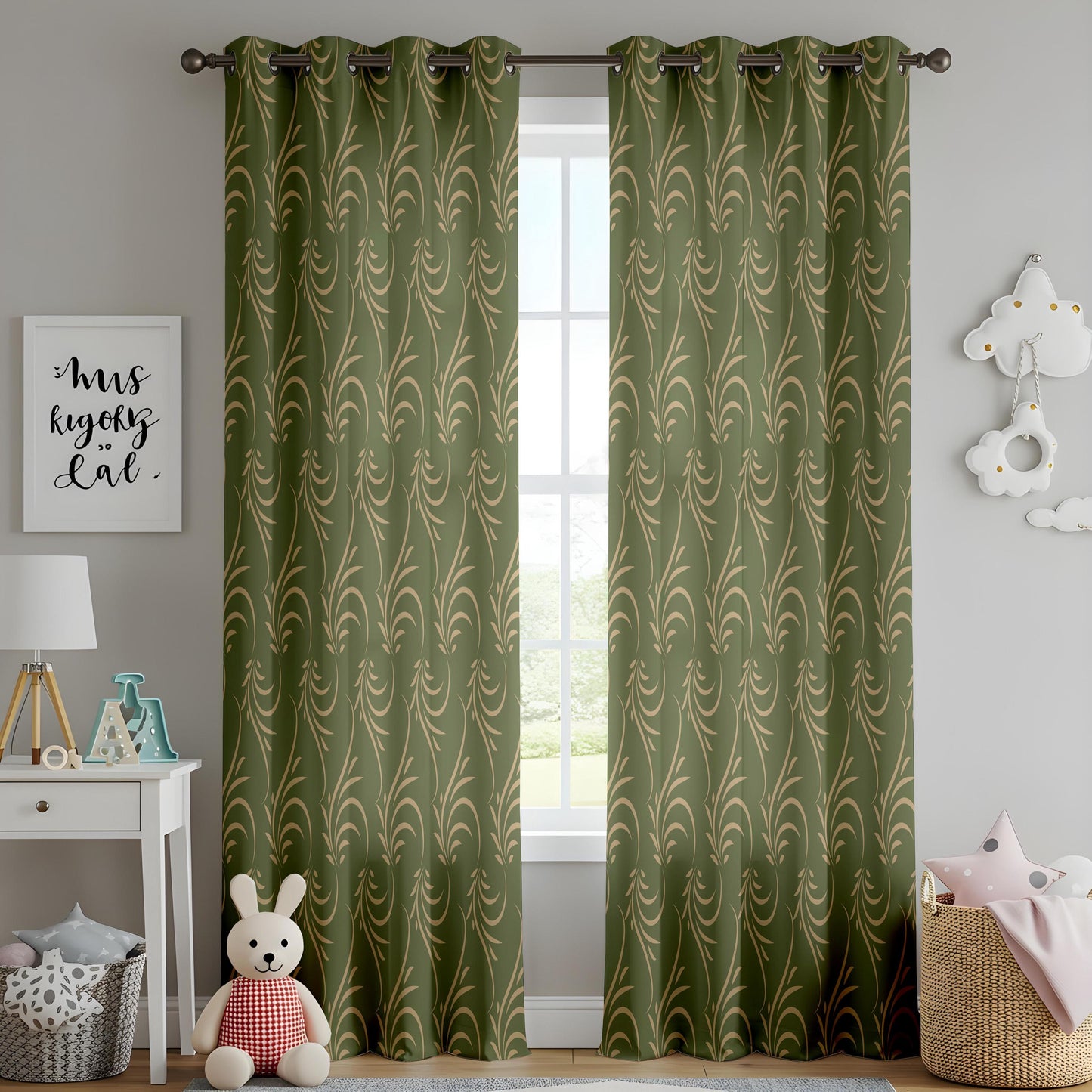 Onay Olive Gold Leaf Scroll Curtains – Botanical Swirl Window Drapes
