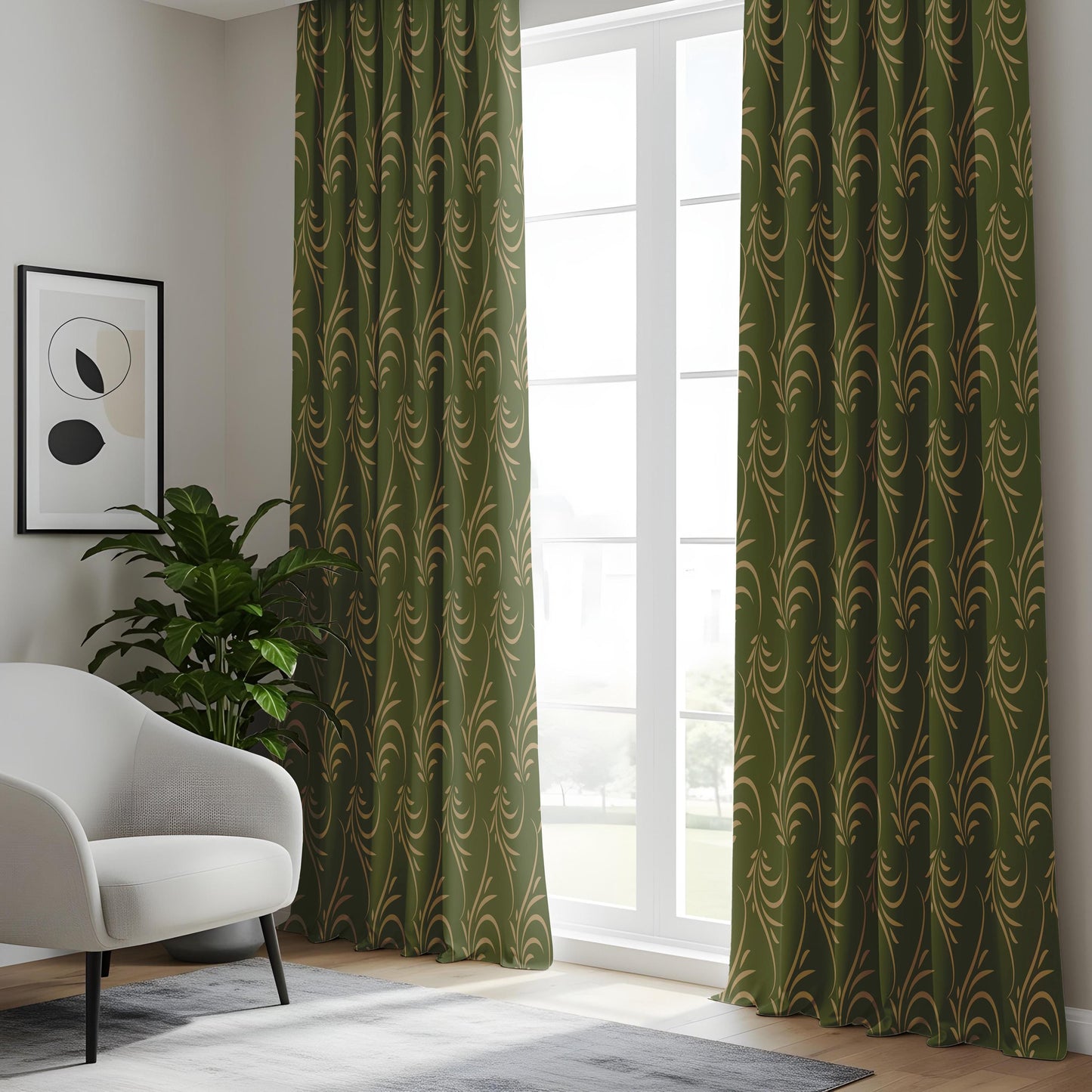 Onay Olive Gold Leaf Scroll Curtains – Botanical Swirl Window Drapes