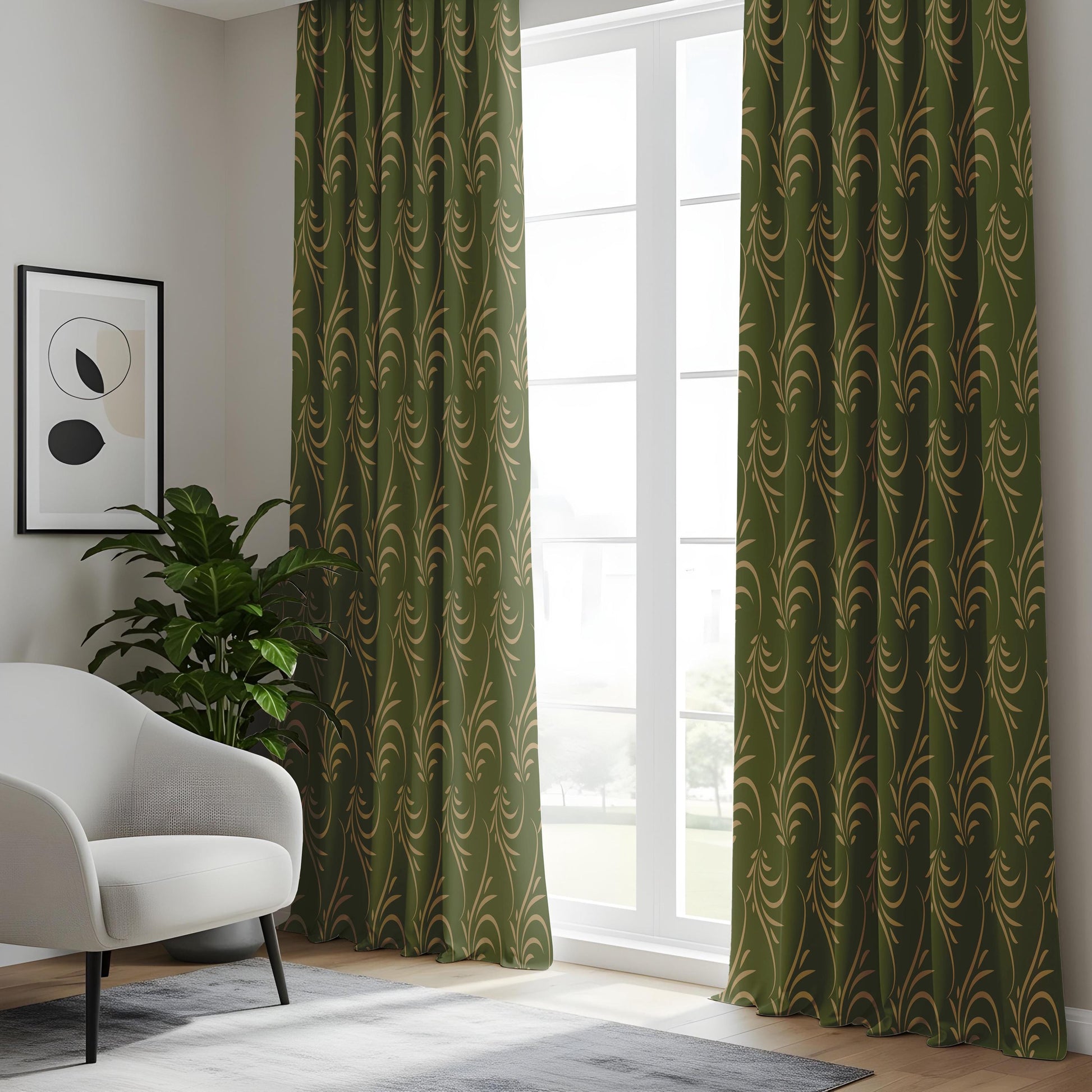 Onay Olive Gold Leaf Scroll Curtains – Botanical Swirl Window Drapes