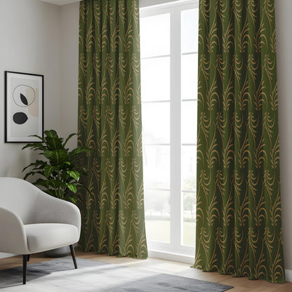 Onay Olive Gold Leaf Scroll Curtains – Botanical Swirl Window Drapes