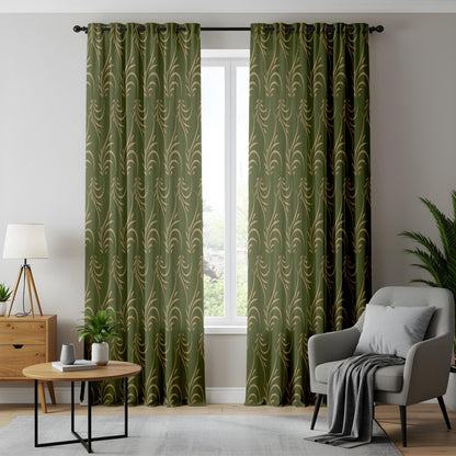 Onay Olive Gold Leaf Scroll Curtains – Botanical Swirl Window Drapes