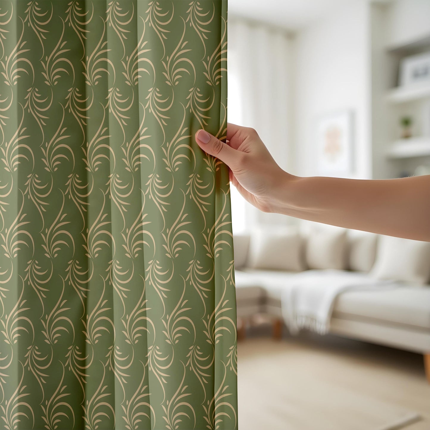 Onay Olive Gold Leaf Scroll Curtains – Botanical Swirl Window Drapes