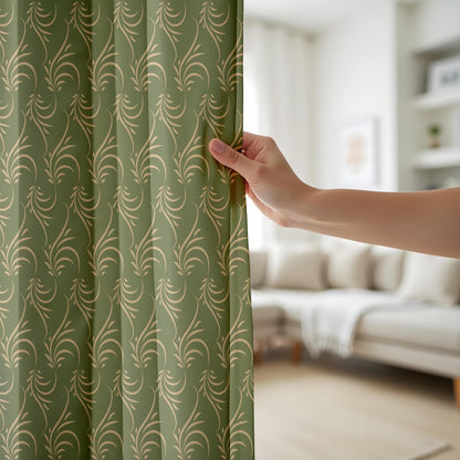 Onay Olive Gold Leaf Scroll Curtains – Botanical Swirl Window Drapes