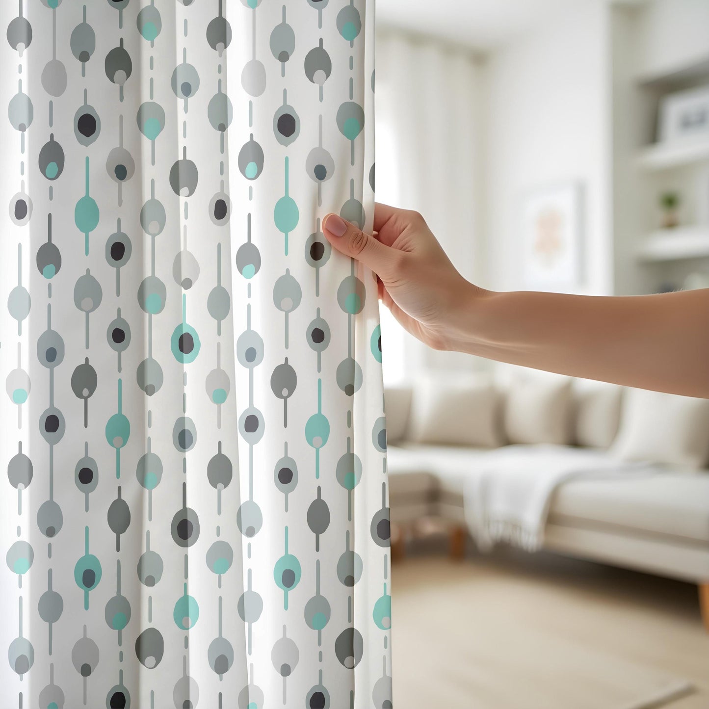 Onay Teal Grey Chain Print Curtains – Geometric Kids Room Window Drapes