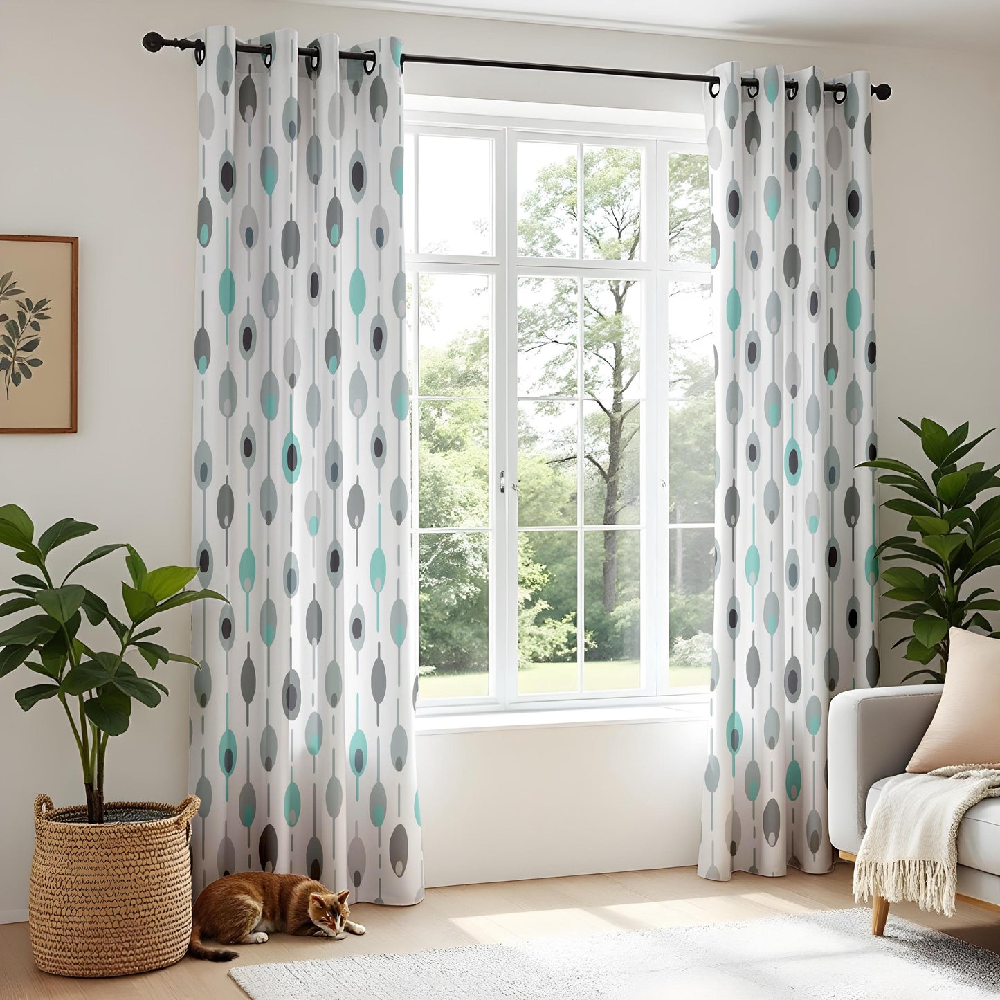 Onay Teal Grey Chain Print Curtains – Geometric Kids Room Window Drapes