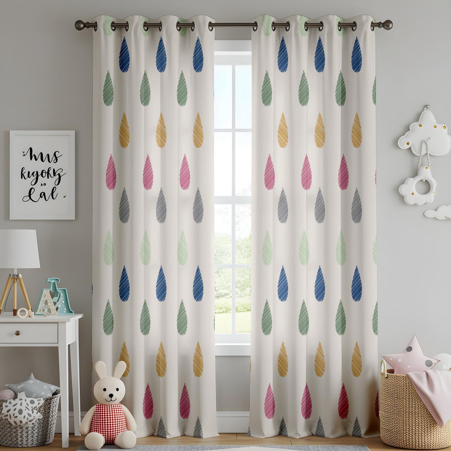 Onay Colourful Raindrop Curtains – Kids Rainbow Nursery Window Drapes