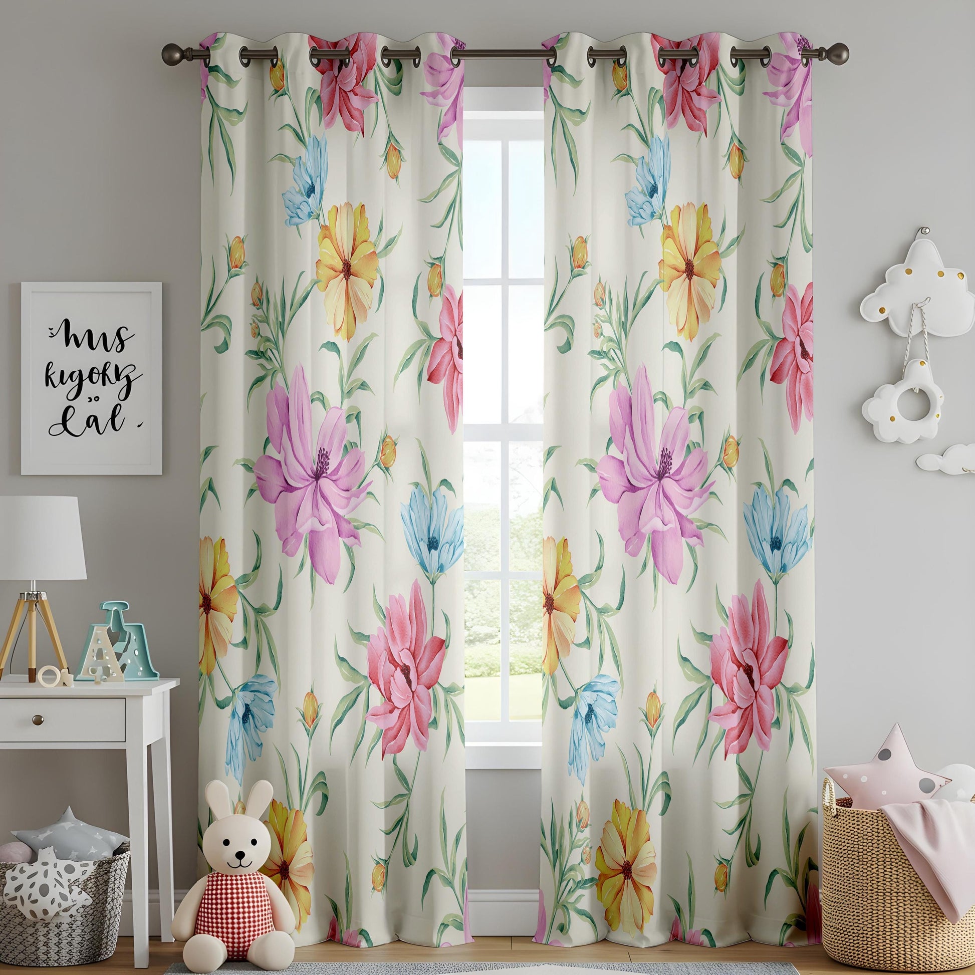 Onay Watercolour Floral Curtains – Pink Purple Botanical Kids Drapes