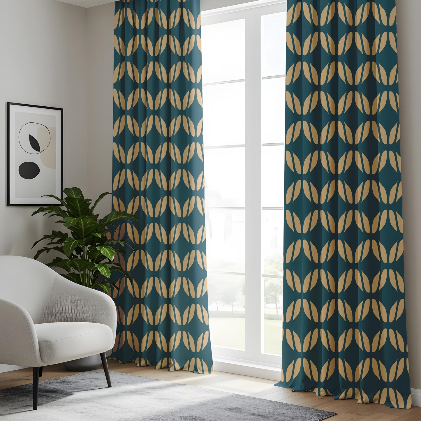 Onay Teal Gold Geometric Curtains – Mid Century Tile Pattern Drapes